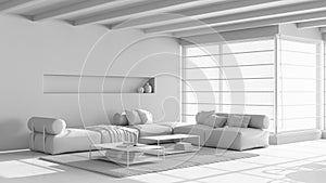 Total white project draft, minimal modern wooden living room with sofa and table. Limestone marble floor and beams ceiling.