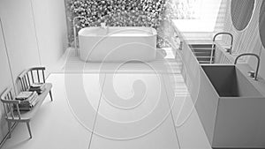 Total white project draft, minimalist bathroom, japanese zen style, exterior eco garden with ivy, wooden floor. Bathtub and