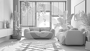 Total white project draft, minimalist contemporary living room interior design. Parquet, sofa and many house plants. Urban jungle