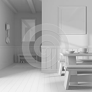 Total white project draft, minimalist dining room with wooden table, parquet and frame mockup. Japandi interior design