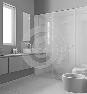 Total white project draft, modern bathroom, spa, concrete tiles floor, large shower with tiles, spotlight, washbasin with mirror,