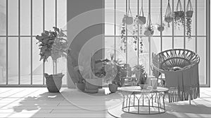 Total white project draft, modern conservatory, winter garden, white interior design, lounge with rattan armchair and table,