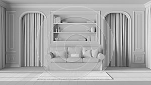 Total white project draft, neoclassic living room, molded walls with bookshelf. Arched doors with curtains and parquet floor.