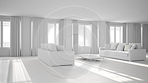 Total white project draft of open space with sofa interior design, modern living room, lounge with big panoramic windows with