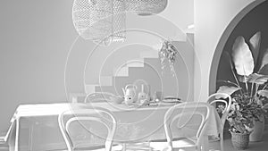 Total white project draft, vintage retro dining room with table and chairs, breakfast buffet, classic pendant lamps, archways with