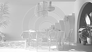 Total white project draft, vintage retro dining room with table and chairs, breakfast buffet, classic pendant lamps, archways with