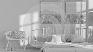 Total white project draft, wabi sabi bedroom with macrame wall art and wallpaper. Wooden furniture, carpets and double bed.
