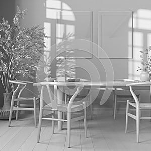 Total white project draft, wooden retro dining room. Table with chairs, parquet, decors and frame mockup. Farmhouse interior