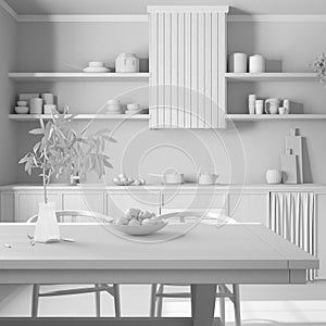 Total white project draft, wooden rustic kitchen and dining room. Cabinets and table with chair. Parquet floor. Farmhouse interior