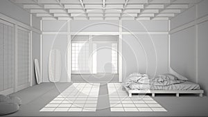 Total white project draft, zen japanese empty minimalist bedroom, tatami floor, futon, double bed, big window, meditative space,