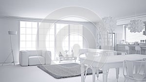 Total white project of minimalist white living room and kitchen, big window and carpet fur, scandinavian classic interior design