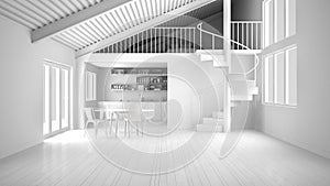 Total white project, minimalist open space, white kitchen with mezzanine and modern spiral staircase, loft with bedroom, concept i