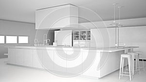 Total white project of minimalistic professional modern kitchen with accessories, contemporary interior design