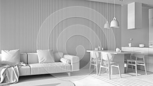 Total white project of modern living room with sofa, dining table with chairs, kitchen with island, appliances and pendant lamps.