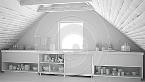Total white project of scandinavian industrial kitchen, loft mezzanine, roof architecture interior design
