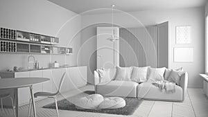 Total white project of scandinavian modern living room with kitchen, dining table, sofa and rug with pillows, minimalist white arc