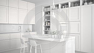 Total white project, unfinished draft of modern kitchen in contemporary luxury apartment, vintage retro interior design,