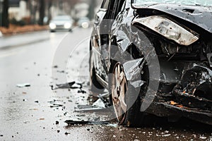 Severely damaged car after collision with scattered debris photo
