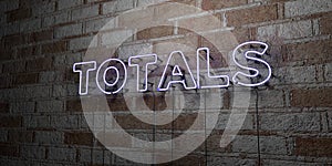 TOTALS - Glowing Neon Sign on stonework wall - 3D rendered royalty free stock illustration