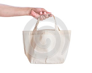 Tote bag canvas white cotton fabric cloth for eco shoulder shopping sack mockup blank template isolated on white background