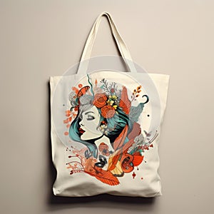 Floral Tattoo Style Canvas Tote Bag Illustration