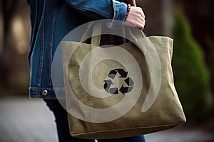 totebag with the recycling symbol on it, the bag woman& x27;s shoulder Generative AI