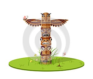 Totem fantastic birds on lawn illustration. Ancient Native American wooden statue of mythical creatures ethnically.