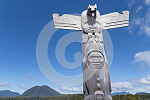 Totem pole in the beautiful Tofino, Vancouver Island, Canada