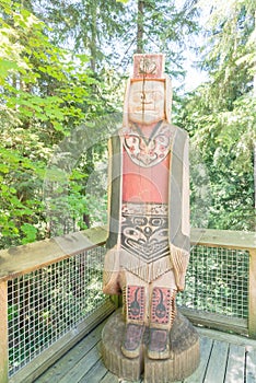 Indian totem poles in Capilano Suspension Bridge in Vancouver, C