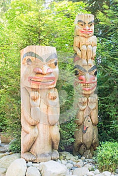 Indian totem poles in Capilano Suspension Bridge in Vancouver, C