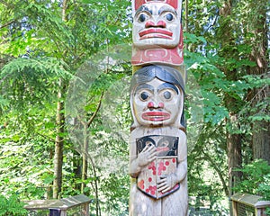 Indian totem poles in Capilano Suspension Bridge in Vancouver, C