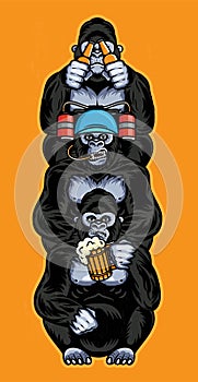 Totem With Three Wise Monkeys. Three Wise Gorillas Holding A Mug Of Beer, With Beer helmet and beer bottles.