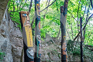 Totems made by scouts in a forest