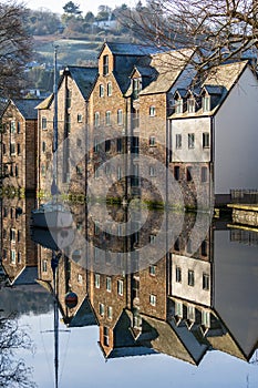 Totnes, Devon, UK - January 16. View across the River Dart to old buildings in Totnes, Devon on January 16, 2024