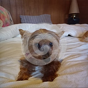 Toto on the bed Yorkie