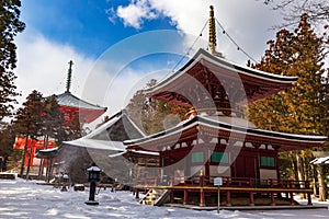 Toto Pagoda in Danjo Garan, Koyasan, covered with snow on a sunny winter day, Japan