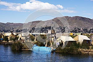 Totora boats on Lake Titicaca near Puno, Peru