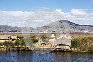 Totora boats on Lake Titicaca near Puno, Peru