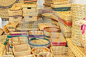 Totora crafts such as baskets, boxes, floor mats made from natural plant fiber, Ecuador