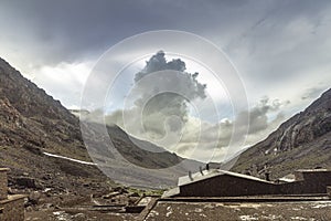 Toubkal national park, trekking trail panoramic view. Morocco.