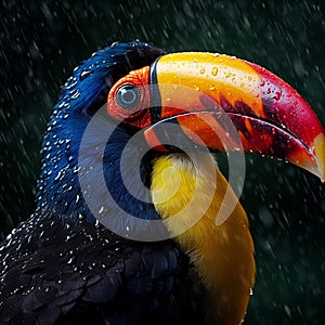 Toucan bird with colorful eyes and beak, in the rain