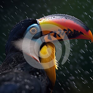 Toucan bird with colorful eyes and beak, in the rain