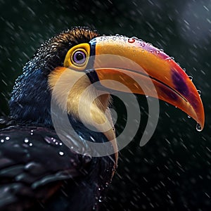 Toucan bird with colorful eyes and beak, in the rain