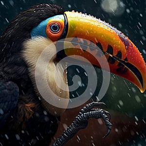 Toucan bird with colorful eyes and beak, in the rain