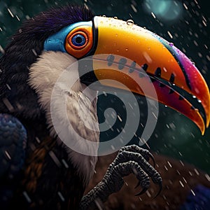 Toucan bird with colorful eyes and beak, in the rain