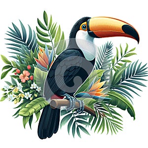 Toucan bird with tropical plants and flowers