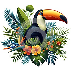 Toucan bird with tropical plants and flowers