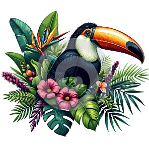 Toucan bird with tropical plants and flowers