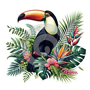 Toucan bird with tropical plants and flowers