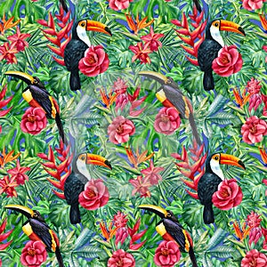Toucan birds and heliconia, camellia flowers. Seamless pattern of tropical palm leaves. jungle background, wildlife